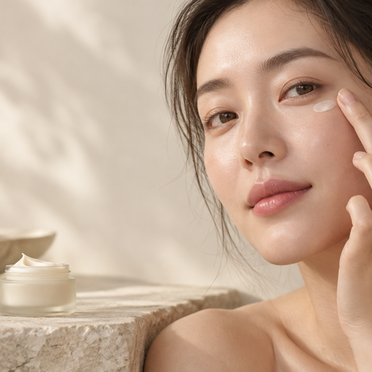 Application douce d'un contour des yeux coréen dans une salle de bain lumineuse