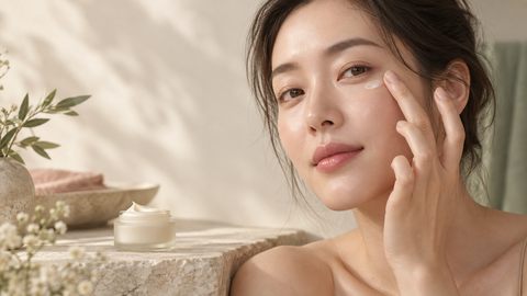 Application douce d'un contour des yeux coréen dans une salle de bain lumineuse