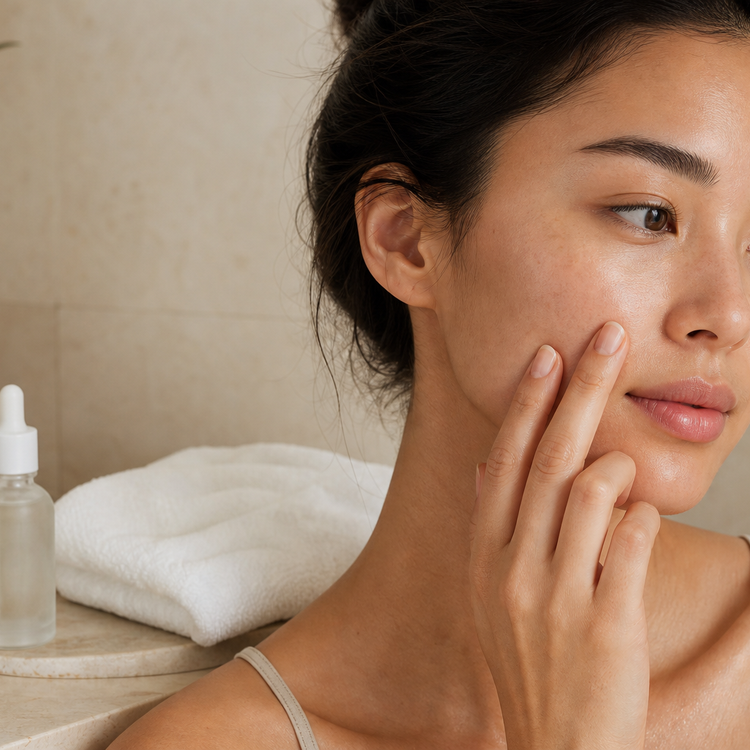 Femme appliquant délicatement un sérum pour une routine coréenne ciblant les points noirs et les pores dilatés