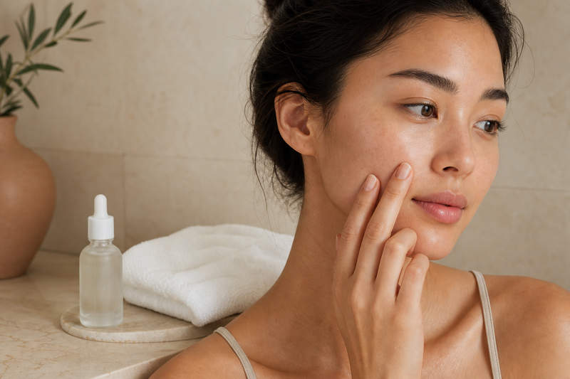 Femme appliquant délicatement un sérum pour une routine coréenne ciblant les points noirs et les pores dilatés