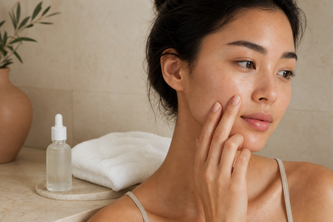 Femme appliquant délicatement un sérum pour une routine coréenne ciblant les points noirs et les pores dilatés