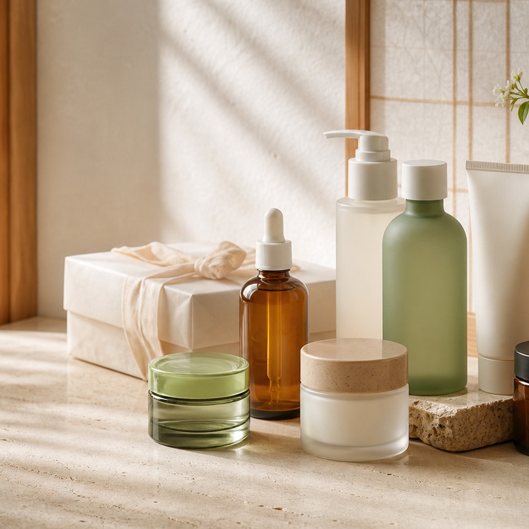 Sélection de soins coréens présentée dans une ambiance douce et naturelle
