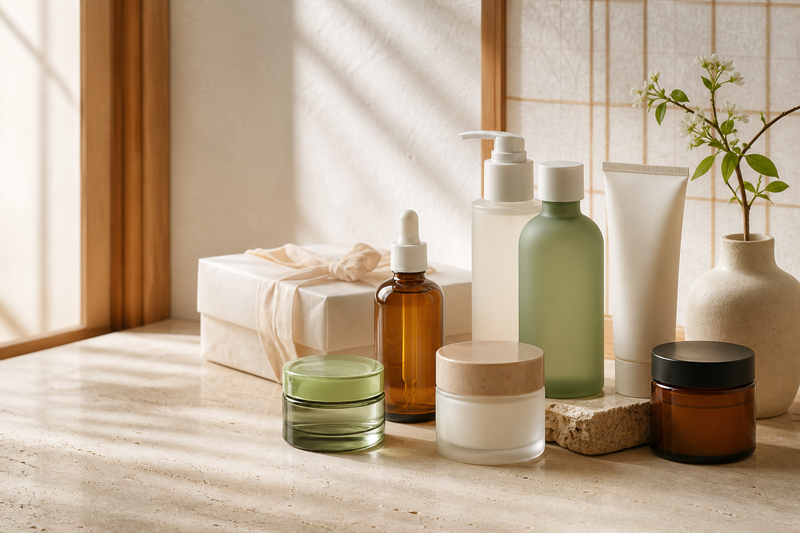 Sélection de soins coréens présentée dans une ambiance douce et naturelle